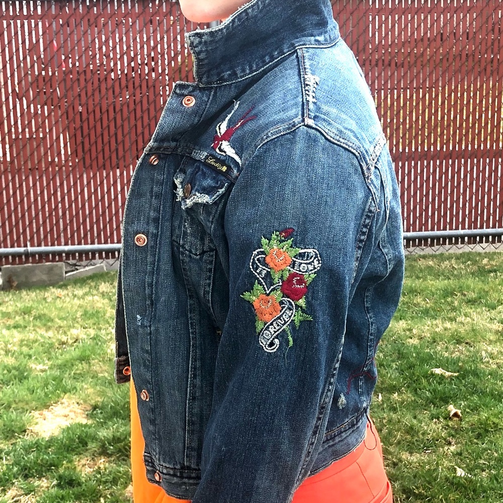 Lucky Brand Denim True Love is Forever Tattoo Jacket Medium - Picture 3 of 16